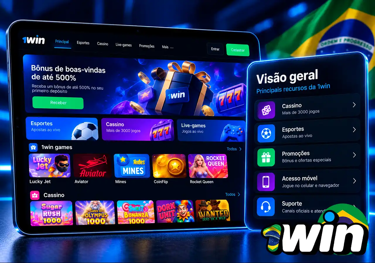 1win em tablet com resumo de cassino, esportes, promoções, acesso móvel e suporte.